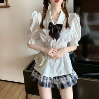 Ruched Puff-sleeve Shirt / Plaid Mini A-line Skirt