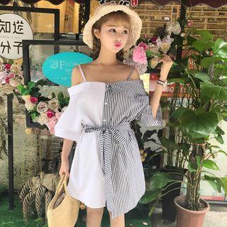 Color Block Cold Shoulder Shirt Dress