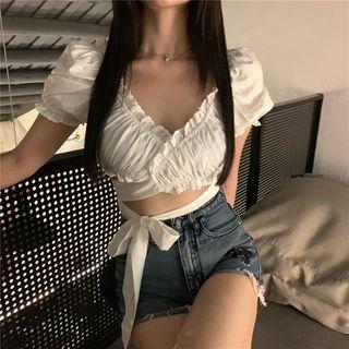 Ruffled Tie-waist Puff-sleeve Cropped Blouse White - One Size
