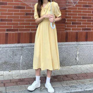 Short-sleeve Ruffle Collar Midi A-line Dress Yellow - One Size