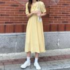 Short-sleeve Ruffle Collar Midi A-line Dress Yellow - One Size