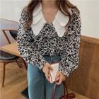 Long-sleeve Collared Heart Print Blouse As Shown In Figure - One Size