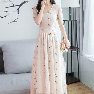 Floral Embroidered Short-sleeve A-line Maxi Dress