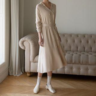 Double-breasted Long Knit Dress With Sash