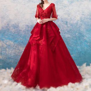 Flower Applique Elbow-sleeve Wedding Ball Gown