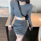 Color-block Long-sleeve Slim-fit Cropped Top / Drawstring Skirt