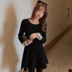 Long-sleeve Contrast Trim Knit Mini Dress