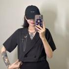 Short-sleeve Lapel Collar Double-button Cropped Blazer Black - One Size