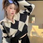 Argyle Print Polo-neck Sweater Argyle Print - Black & White - One Size