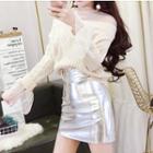 Mock Two-piece Lace Panel Sweater / Faux Leather Mini A-line Skirt