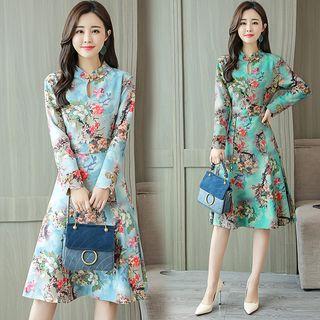 Long-sleeve Floral Print Mandarin Collar Dress
