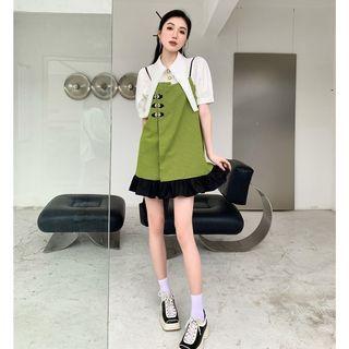 Short-sleeve Stitching Blouse / Spaghetti Strap Check Mini Dress