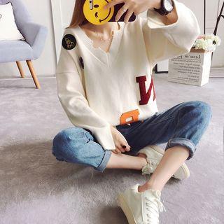 Letter V-neck Long-sleeve Knit Sweater