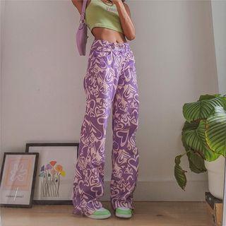 High-waist Heart Print Straight-cut Pants