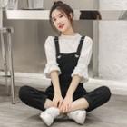 Flared-cuff Chiffon Blouse / Drawcord Denim Dungaree / Set