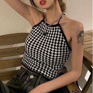 Halter Patterned Camisole Top Black & White - One Size
