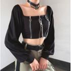 Front-zip Chain Strap Balloon-sleeve Cropped Top