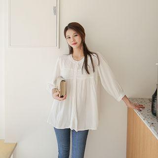 Pintuck-detail Shirred Silky Blouse