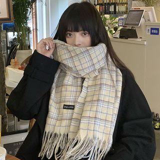 Fringed Plaid Shawl Beige - One Size