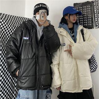 Mock Two-piece Hooded Faux Leather Padded Jacket