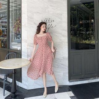 Dotted Short-sleeve Midi A-line Dress Dot - Pink - One Size