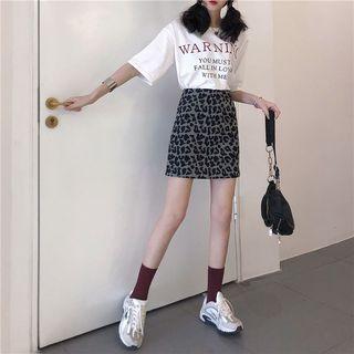 Set: Elbow-sleeve Lettering T-shirt + Animal Print A-line Mini Skirt
