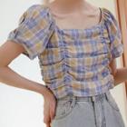 Puff-sleeve Plaid Crop Top Blue - One Size