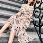 Elbow-sleeve Floral Print Chiffon Midi Dress