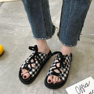 Plaid Lace Up Slide Sandals