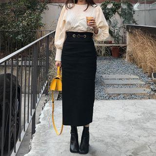 Belted-detail Slit-back Long Skirt