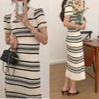 Short Sleeve Striped Midi Dress Stripe - Black & Almond - One Size