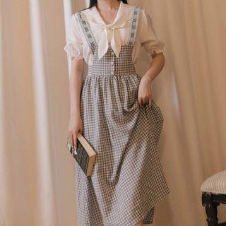 Set: Bow-neck Blouse + Gingham Midi A-line Overall Dress