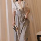 Set: Bow-neck Blouse + Gingham Midi A-line Overall Dress