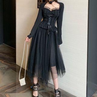 Lace Up Blouse / Midi Mesh Skirt