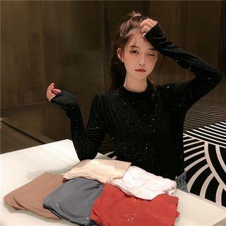 Long-sleeve Mock-neck Glitter T-shirt