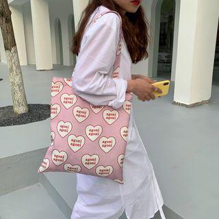 Heart Print Canvas Tote Bag Heart - Pink - One Size
