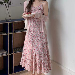 Spaghetti Strap Flower Print Midi A-line Dress / Plain Cardigan