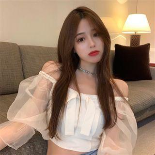 Cropped Mesh Panel Puff-sleeve Blouse As Shown In Figure - One Size
