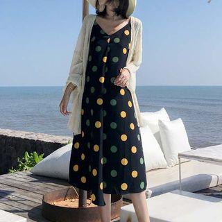 Spaghetti Strap Midi Dotted Dress / Light Jacket