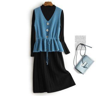 Set: Mock Neck Knit Dress + V-neck Drawstring Peplum Vest