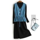 Set: Mock Neck Knit Dress + V-neck Drawstring Peplum Vest