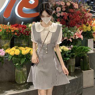 Set: Short-sleeve Blouse + Plaid Mini A-line Suspender Skirt