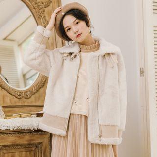 Furry Zip-up Jacket / Accordion Pleat Midi Dress