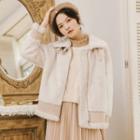 Furry Zip-up Jacket / Accordion Pleat Midi Dress