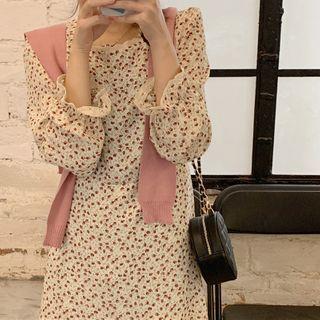 Long-sleeve Floral Print Midi A-line Dress Red Floral - White - One Size