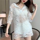 Collared Elbow-sleeve Lace Blouse White - One Size