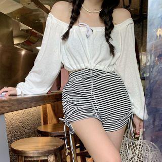 Long-sleeve Off-shoulder Cropped T-shirt / Striped Drawstring Shorts