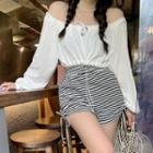 Long-sleeve Off-shoulder Cropped T-shirt / Striped Drawstring Shorts