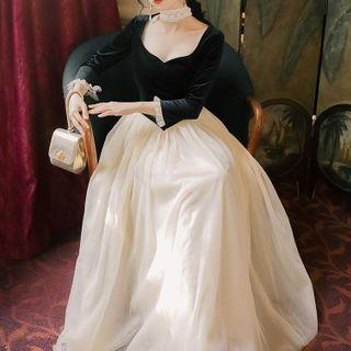 Velvet Long-sleeve Mesh Panel Maxi A-line Dress