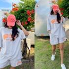 Set: Letter Print T-shirt + Sweat Shorts Melange Gray - One Size